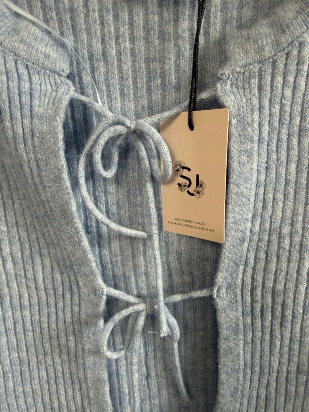 Sincerely Jules Light Blue Ribbed Tie-Front Cardigan Sweater - Picture 3 of 5